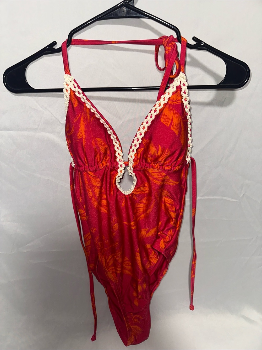 Shade & Shore Red and Orange Floral One-Piece Swimsuit with Crochet Trim